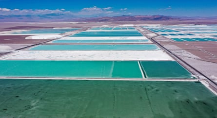 In neighbouring countries, lithium is extracted by pumping brine into ponds and processing the lithium salts that crystallise once the water has evaporated, such as at this facility in Chile. This technique is less suited to conditions in Bolivia.