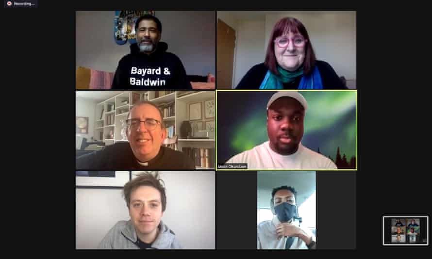 Our panel (clockwise from top-left) … Marc Thompson, Lisa Power, Jason Okundaye, Omari Douglas, Owen Jones and the Rev Richard Coles.