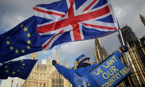 A remain demonstrator outside the Houses of Parliament, London.