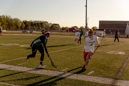 Senior Captain, Alexia Carroll-Williams, 17, competes for the ball during the game between Cass Tech and Chippewa Valley in Clinton Township, Michigan on April 30, 2021. Cass Tech took their second win of the season 14-6. CREDIT: Sylvia Jarrus for The Guardian
