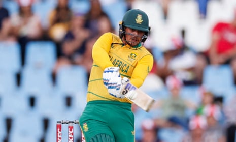 Quinton de Kock hits one of his eight sixes on the way to a century.