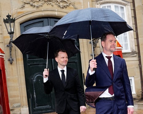 Social Democrats' Peter Hummelgaard and Nikolai Wammen, party leaders in connection with the royal round during which a royal investigator is to be appointed, at Amalienborg Palace in Copenhagen, Denmark.