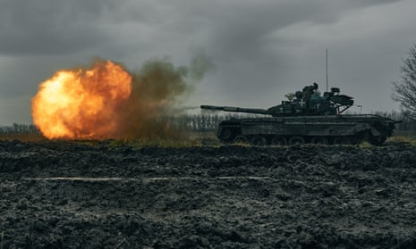 Ukrainian army fires a captured Russian tank T-80 at the Russian position in Donetsk region, Ukraine.