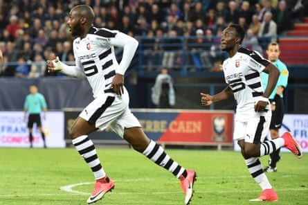 Rennes forward Giovanni Sio celebrates after scoring against Caen.