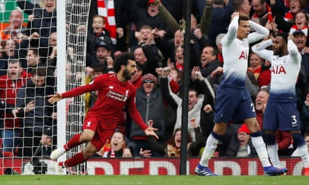 Liverpool’s Mohamed Salah celebrates after Tottenham’s Toby Alderweireld scored an own goal in 2019