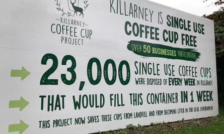 A sign about ending the use of single-use coffee cups greets visitors to Killarney.
