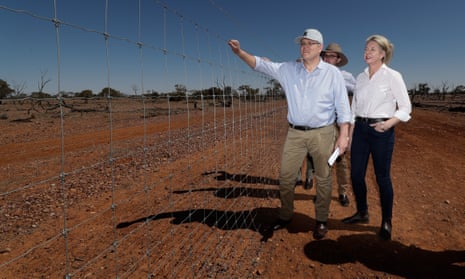 Scott Morrison with agriculture minister David Littleproud and deputy Nationals leader Bridget McKenzie in Quilpie in south-west Queensland on Monday.