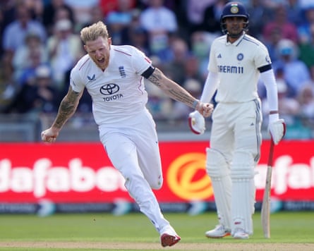 Ben Stokes celebrates taking the wicket of India’s Yashasvi Jaiswal at Edgbaston this summer.