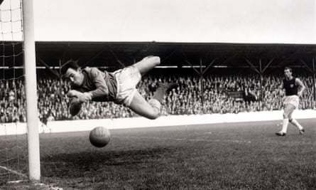 Leicester’s goalkeeper Gordon Banks in action. He conceded four goals in the first game Jeremy Alexander reported on for the Guardian, in 1966, but his team won.