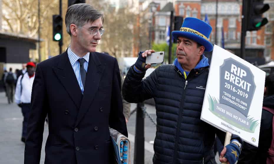 Conservative MP Jacob Rees-Mogg confronted by anti-Brexit protester Steve Bray outside parliament. 