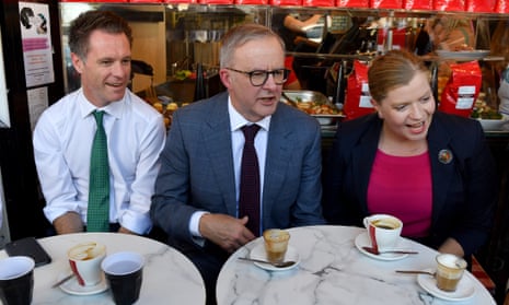 (L-R) NSW Labor Leader Chris Minns, Prime Minister Anthony Albanese, and Labor candidate for Balmain Philippa Scott at a cafe in Balmain ahead of the 2023 NSW election, in Sydney, Friday, 17 March, 2023.