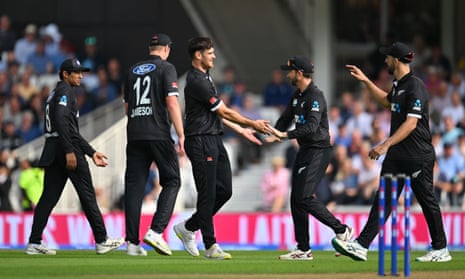 Ben Lister of New Zealand celebrates taking the wicket of Liam Livingstone of England after a review during the One Day International match between England and New Zealand at the Oval.