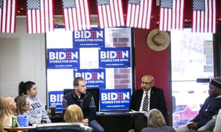 Khizr Khan meets with volunteers for Joe Biden during the Iowa caucus campaign in December 2019.