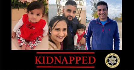 A poster from the Merced county sheriff’s office shows three photos. The first is of an infant girl, the second a mother and father holding the girl, and the third is a man in a blue track suit.