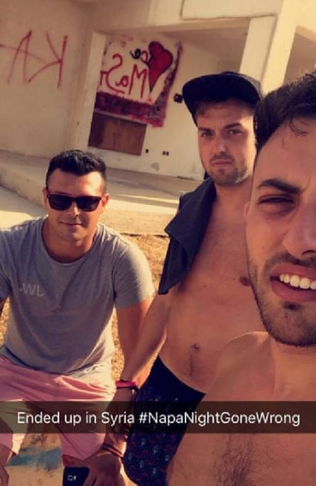 Lewis Ellis (left) and friends in Ayia Napa, pretending to be in Syria.