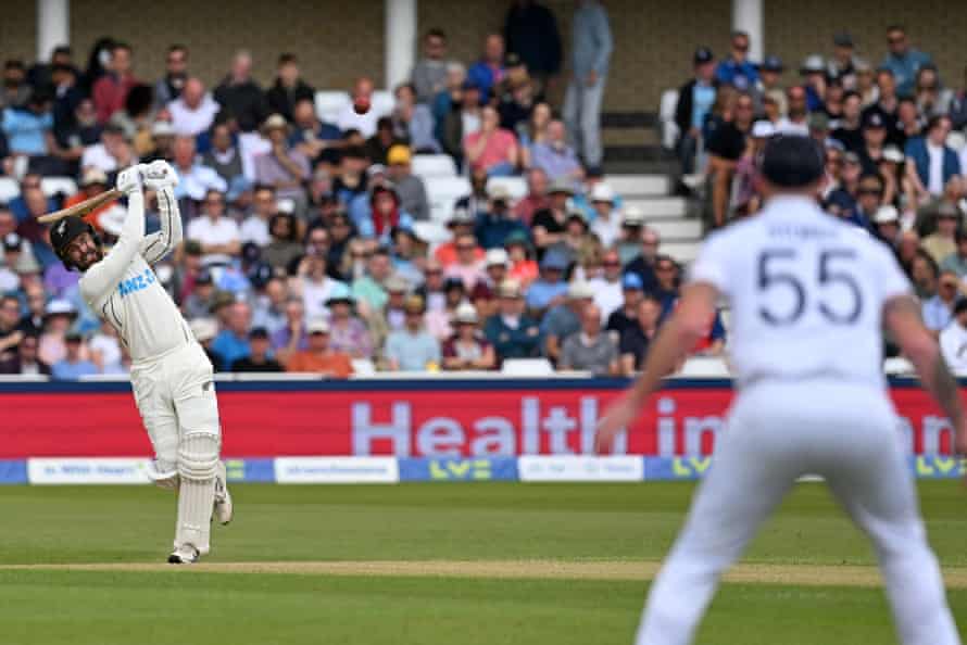 Tom Blundell hits this shot straight to Stokes.