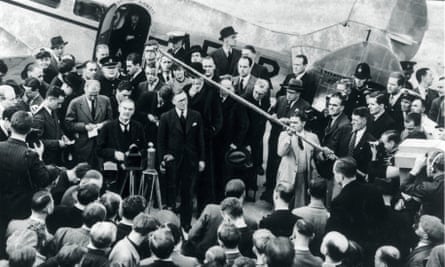 Neville Chamberlain holds a press conference at Heston Airport on 17 September