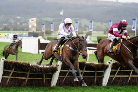 Golden Ace, ridden by Lorcan Williams, jumps the last on the way to winning the Mares Novices' Hurdle.
