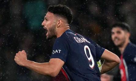 Gonçalo Ramos celebrates scoring PSG’s equaliser against Le Havre