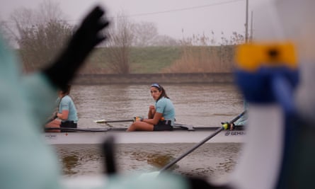 Carys Earl of the Cambridge University Boat Club women’s blue boat looks towards head coach Paddy Ryan during a training session on the River Great Ouse on February 28th 2024.