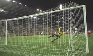 Enzo Scifo hits the outside of the post against England in Bologna.