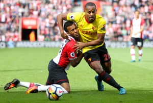Watford’s Andre Carrillo and Southampton’s Cedric Soares battle for the ball during the 2-0 away win for Watford at St Mary’s.