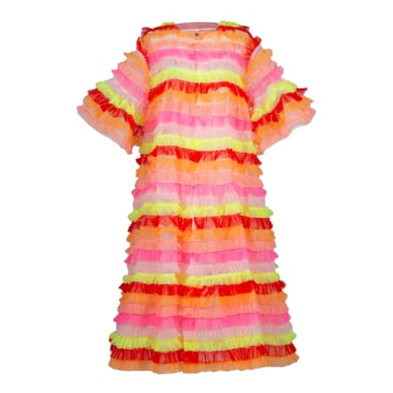 Vinchi Calido tulle dress by Celia B, The dress is formed of ruffled layers alternating pink, orange, yellow and red.