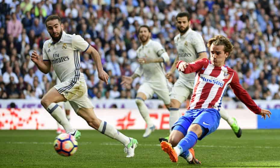 Antoine Griezmann scores Atlético Madrid’s equaliser with five minutes to go to deny Real victory in the Madrid derby at the Bernabéu Stadium