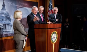 Senate Democrats discuss the impeachment trial in Washington DC on 29 January.
