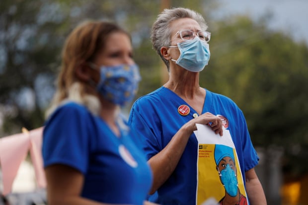 Nurses protest to highlight practices during the coronavirus pandemic at St Petersburg general hospital in Florida on 15 July.