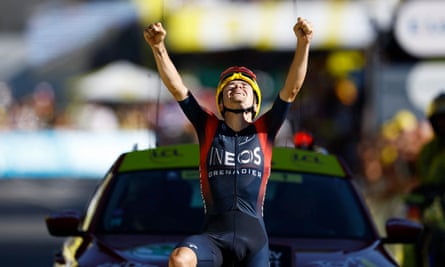Tom Pidcock celebrates winning a Tour de France stage