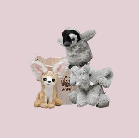 a set of three plushies in a WWF gift bucket