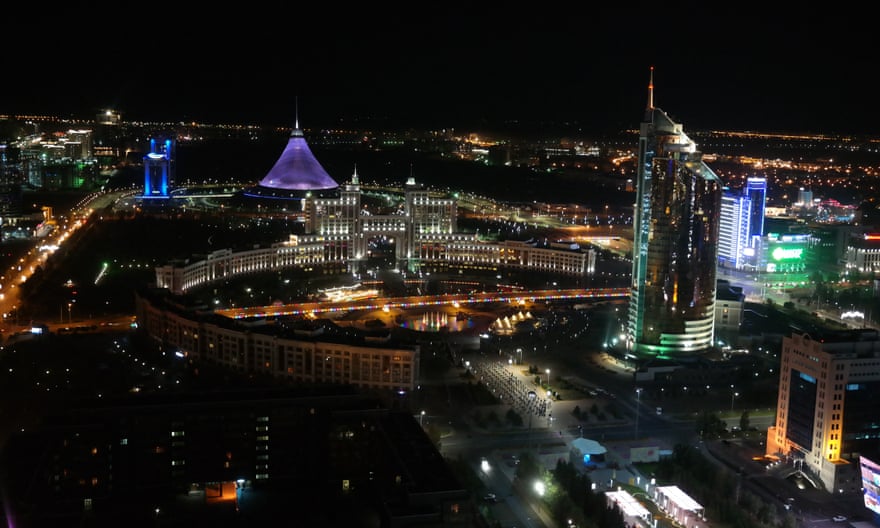 Astana by night, with Foster’s Khan Shatyr tent to the left.
