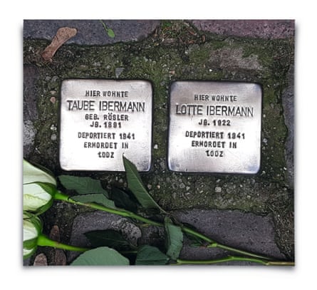 The Stolpersteine plaques outside Deborah Cole’s Berlin home. They are made of smallish metal squares engraved with the names of Taube and Lotte Ibermann