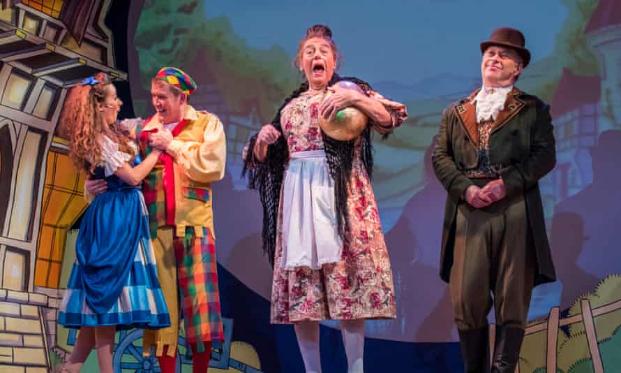 Roy Hudd, centre, as Mother Goose in pantomime at Wilton’s Music Hall, 2016.