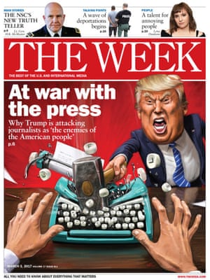 Howard McWilliam for The Week“In Trump’s case, he’s invariably already pulled just the kind of cartoonish expression one is looking for and had it captured on camera. This is certainly the case for the kind of bellicose anger I needed for this cover, after he described the mainstream media as “the enemy of the American people.” My style of three dimensional realism is particularly useful for images like this, giving us someone else’s view, putting the reader in the position of the journalist in this case. It’s very easy to imagine Trump lashing out and destroying a typewriter.”
