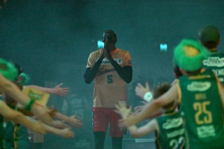 Majok Deng of the Tasmania JackJumpers walks onto MyState Bank Arena in Hobart