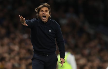 Conte roars instructions on the touchline as he watches Spurs on their way to victory against Everton