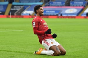 Manchester United’s English striker Marcus Rashford celebrates after scoring the opening goal.