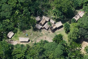 Aerial view of the indigenous Waipi people inside Parque Nacional Motanhas do Tumucumaque, Brazil
