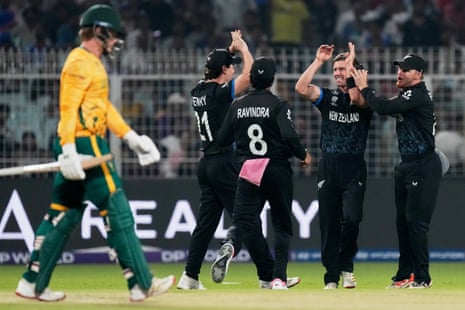 Ryan Rickelton trudges off as Cole McConchie celebrates the wicket.