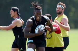 Maro Itoje runs with the ball during a Saracens training session in August.