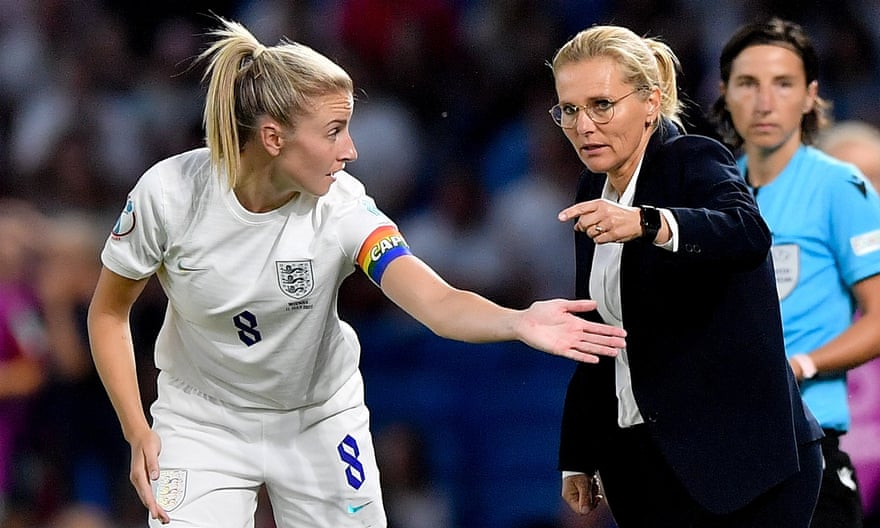 Sarina Wiegman, in conversation with Leah Williamson (left), has instilled impressive discipline and organisation into England.