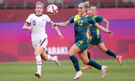Australia’s Ellie Carpenter under pressure from Megan Rapinoe of the US at Kashima Stadium.