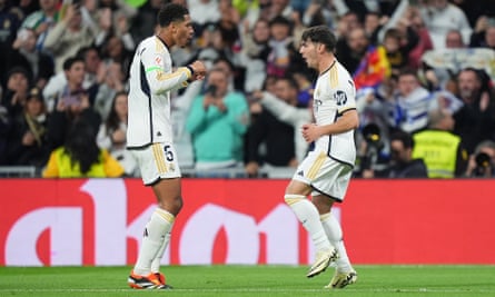 Brahim Díaz (right) celebrates with Jude Bellingham after giving Real the lead