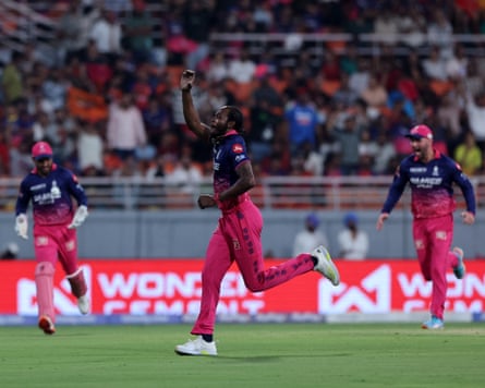 Rajasthan’s Jofra Archer celebrates the wicket of Sunrisers batter Abhishek Sharma.