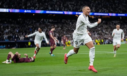 Kylian Mbappé celebrates after scoring his second goal.