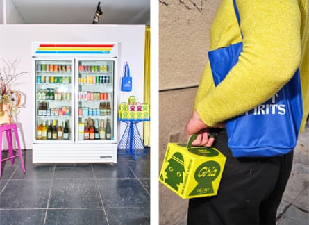 Left: The cooler at Soft Spirits, offering cold and single-serve options. Right: A customer holding a case of Ghia and a Soft Spirits tote.