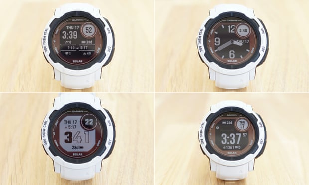 Multiple screens showing some of the watchface options for the Instinct 2.