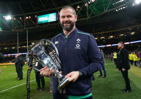 Ireland head coach Andy Farrell poses with the trophy after the Guinness Six Nations match.